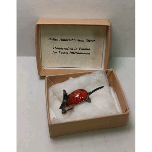 925 Sterling Silver Amber Stone Mouse Pin 4.20g Jewelry Brooch Animal Rodent - Picture 1 of 6